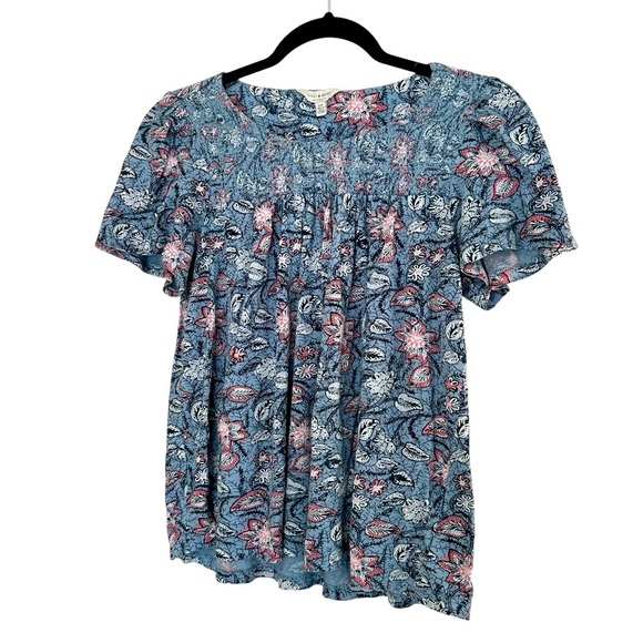 Lucky Brand cotton/modal floral boho top Size S blue white coral - Picture 4 of 11